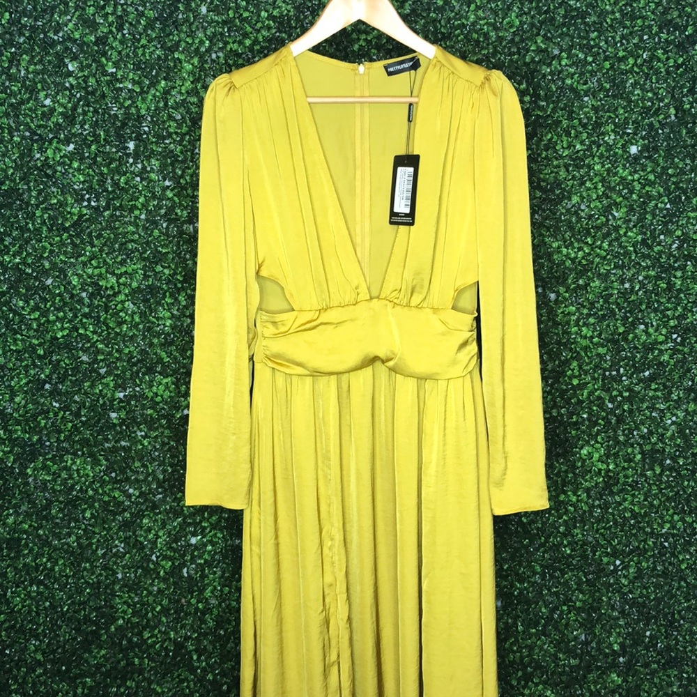 Puff Sleeve Extreme Plunge Waist Detail Maxi Dress